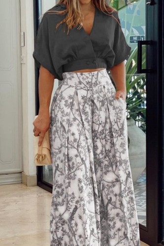Black Casual Print Patchwork V Neck Short Sleeve Two Pieces