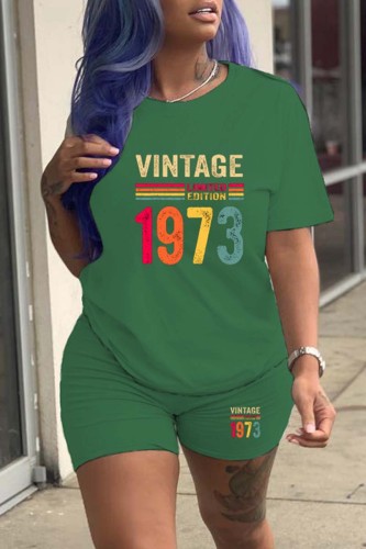 Green Casual Print Basic O Neck Short Sleeve Two Pieces
