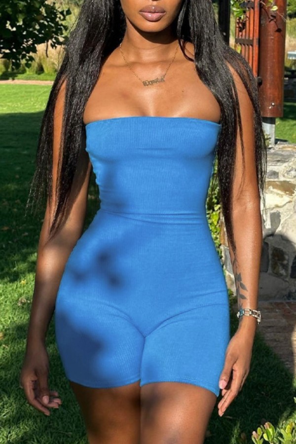 Blue Sexy Casual Solid Backless Strapless Skinny Romper