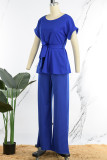 Blue Casual Solid Patchwork With Belt O Neck Short Sleeve Two Pieces