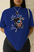 Marineblaue, lässige Alltags-T-Shirts mit Totenkopf-Patchwork-Buchstabe und O-Ausschnitt