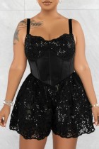 Black Sexy Casual Solid Sequins Patchwork Backless Spaghetti Strap Regular Romper