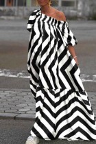 ブラック ホワイト カジュアル ストライプ プリント オフショルダー ロング ドレス ドレス