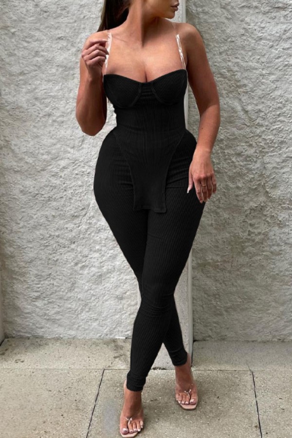 Black Sexy Solid Backless Asymmetrical Spaghetti Strap Sleeveless Two Pieces Cami Tops And Pants Sets