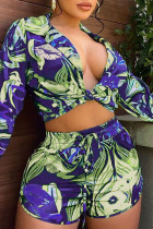 Purple Casual Work Street Print Frenulum V Neck Long Sleeve Two Pieces Blouse Crop Tops And Shorts Set