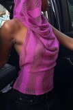 Rose Red Sexy Casual Solid Bandage See-through Backless Hooded Collar Tops