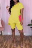 Yellow Casual Solid Slit O Neck Short Sleeve Two Pieces