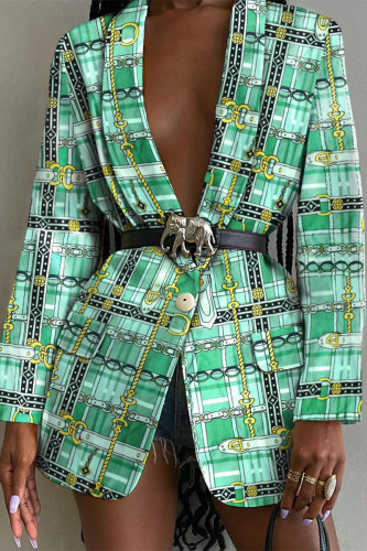 Vêtements d'extérieur à col rabattu et boutons imprimés élégants de travail décontracté vert (avec ceinture)