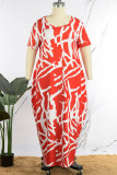 Rose Red Casual Print Basic O-hals Jurk met korte mouwen Grote maten jurken