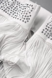 Bianco sexy partito solido nappa trasparente paillettes caldo trapano scollo a V manica lunga due pezzi