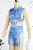 Blue Casual Street Print Bandage Patchwork Asymmetrical O Neck Sleeveless Two Pieces