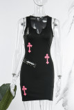 Königsblaues Street-Print-Kleid mit zerrissenem V-Ausschnitt und einstufigem Rock