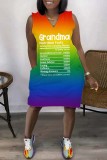 Colour Rainbow Casual Gradual Change Ombre Print Basic V Neck Sleeveless Tank Mini Dresses