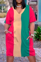 Kaki casual patchwork jurk met contrasterende V-hals en korte mouwen