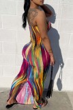 Многоцветный сексуальный принт с открытой спиной и разрезом без бретелек, длинное платье, платья