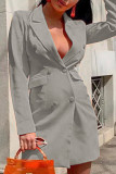 Ink Green Sexy Casual Work Solid Pocket Buckle Turn-back Collar Suit Dress Dresses