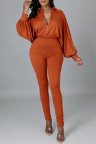 オレンジ カジュアル ソリッド パッチワーク ジッパー カラー レギュラー ジャンプスーツ