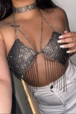 Blanc Sexy Patchwork Tassel Chains Backless Halter Tops
