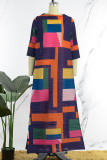 Purple Street Geometric Print Patchwork O Neck Long Dress Dresses(The Front Piece Is Shorter)