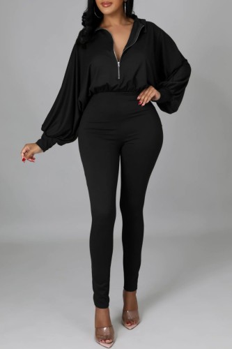 Black Casual Solid Patchwork Zipper Collar Regular Jumpsuits