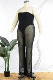 Black Sexy Simplicity Solid Patchwork See-through Mesh Strapless Plus Size Jumpsuits