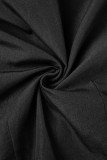 Blusas pretas casuais sólidas patchwork com fivela e babados gola redonda