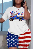 Blue Casual Flag Stars Street Graphic Print Short Sleeve Shorts and T Shirt Set