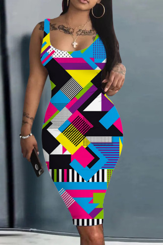 Blue Casual Print Basic U Neck Vest Dress Dresses