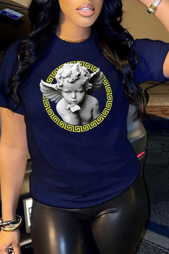 Camisetas con cuello en O de letras de patchwork con estampado vintage casual azul marino