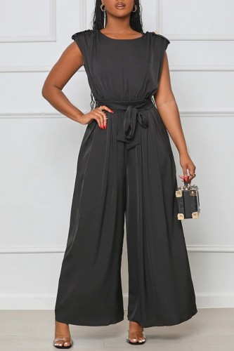 Black Casual Solid Patchwork O Neck Regular Jumpsuits
