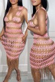 ピンクのセクシーなパッチワーク タッセル シースルー V ネック ビーチ ドレス ドレス