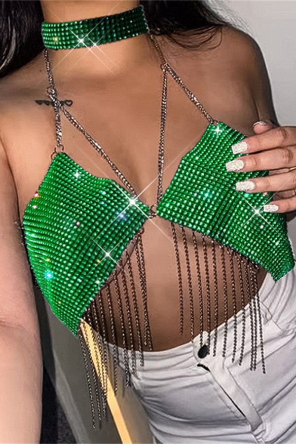 Зеленые сексуальные лоскутные топы с кисточками и цепочками без спинки