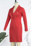 Красные сексуальные рабочие элегантные однотонные платья-юбки с V-образным вырезом и пряжкой