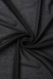 Vestido largo de orillo fibroso con frenillo de patchwork sólido sexy negro Vestidos