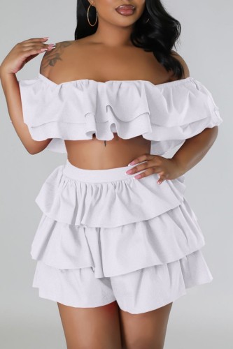 White Sexy Casual Solid Patchwork Backless Off the Shoulder Short Sleeve Two Pieces