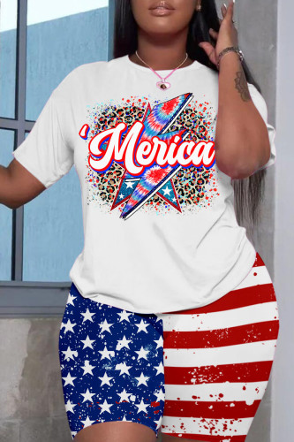 Colour Casual Flag Stars Street Print Short Sleeve Shorts and T Shirt Set
