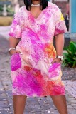 Rosa lila Casual Print Tie Dye Patchwork V-hals kortärmad klänning Plus Size-klänningar