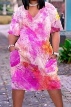 Rosa lila Casual Print Tie Dye Patchwork V-hals kortärmad klänning Plus Size-klänningar