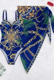 Синие купальники с открытой спиной и сексуальным принтом (с накладками)