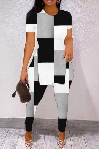 Black White Casual Print Slit O Neck Short Sleeve Two Pieces