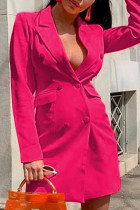 Розово-красный сексуальный повседневный рабочий однотонный костюм с карманом и пряжкой с отложным воротником платья платья