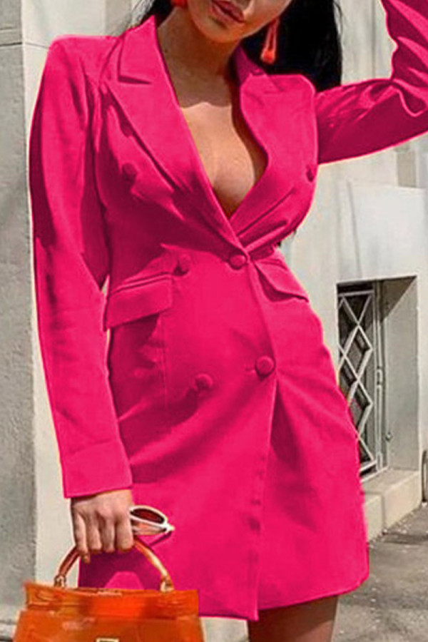 Rose Red Sexy Casual Work Solid Pocket Buckle Turn-back Collar Suit Dress Jurken