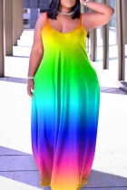 Green Sexy Casual Rainbow Print Backless Spaghetti Strap Long Cami Loose Maxi Dress