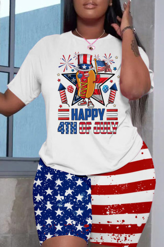 Red Blue Casual Flag Stars Street Print Short Sleeve Shorts and T Shirt Set