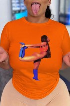 Orange Casual Print Basic T-Shirts mit O-Ausschnitt