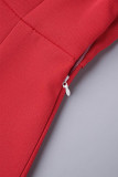 Vestidos de falda envueltos con cuello en V y hebilla sólida elegante de trabajo sexy rojo