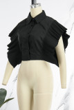 Green Casual Solid Patchwork Buckle Flounce Turndown Collar Tops