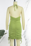 Vert Jaune Sexy Solide Patchwork Draw String Fold O Neck Pencil Jupe Robes