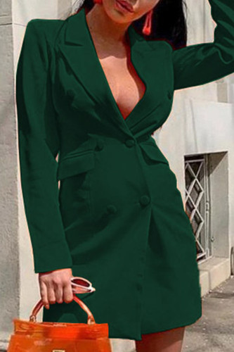 Ink Green Sexy Casual Work Solid Pocket Buckle Turn-back Collar Suit Dress Dresses
