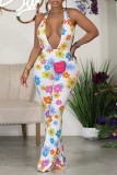 Witte Sexy Print Patchwork Backless Halter Skinny Jumpsuits